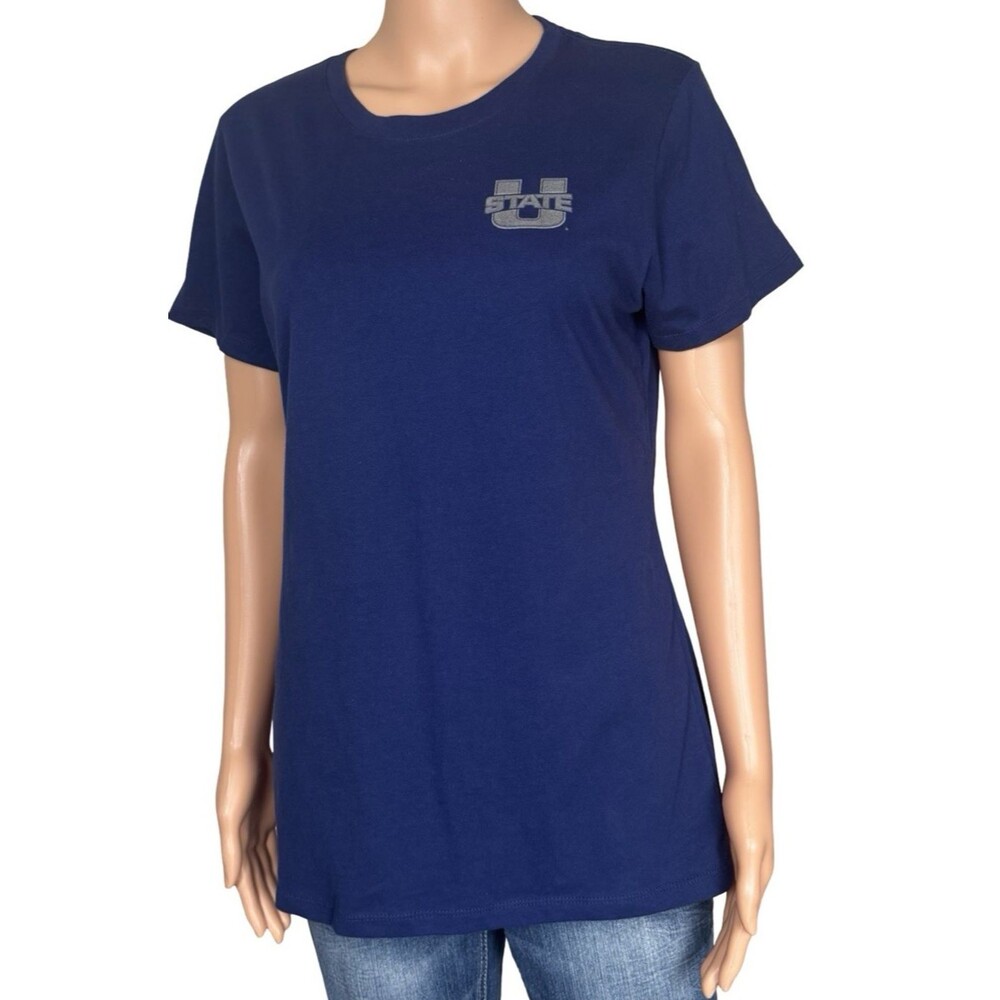 Utah U State Womens Medium T-Shirt Top Aggies Arch Logo College Blue New